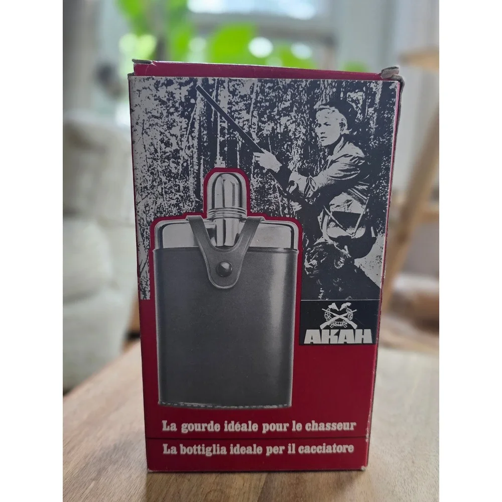 AKAH Jagerflasche Vintage Hip Flask Brown Leather Stainless Steel Hunting 78020